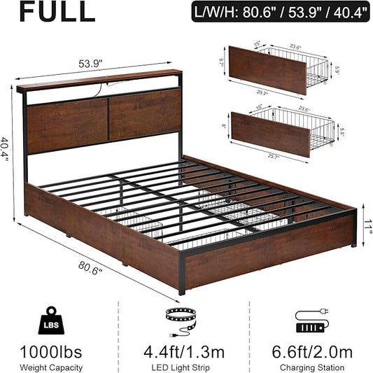 Full Bed Frame with Storage Headboard and 4 Drawers Bed Frame Full Size with Charging Station LED Lights Metal Platform Non-Slip Without Noise No Box Spring Needed