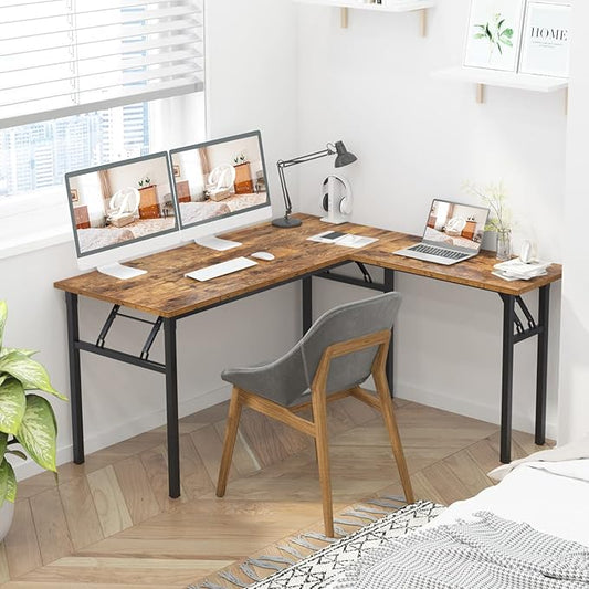 DlandHome Reversible L-Shaped Desk Large Corner Desk Folding Table Computer Desk Home Office Table Computer Workstation,Retro-N
