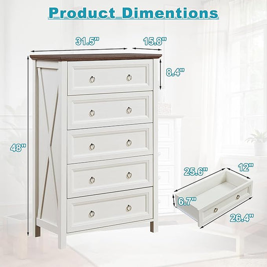 31.3" Farmhouse Sideboard Buffet Cabinet with Storage, Kitchen Buffet Storage Cabinet with 5 Drawers, Modern Wood Accent Sideboard for Living Room, Kitchen, Hallway(Ivory White)
