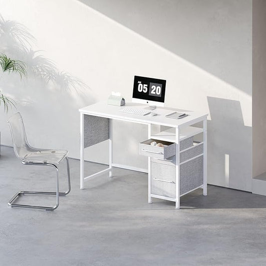 Maihail Maihail Small Desk with Drawers, 40 inch Computer Desk with Shelves, Writing Desk with Storage, Small Office Desk with Metal Frame, White
