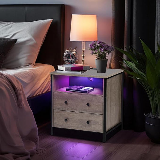 27 Inch Wide Night Stand, Large Wood Night Stand with 2 Drawers, LED Nightstand with Charging Station and Adjustable Drawer, Bedside Table for Living Room/Bedroom/Study/Office, Gray.