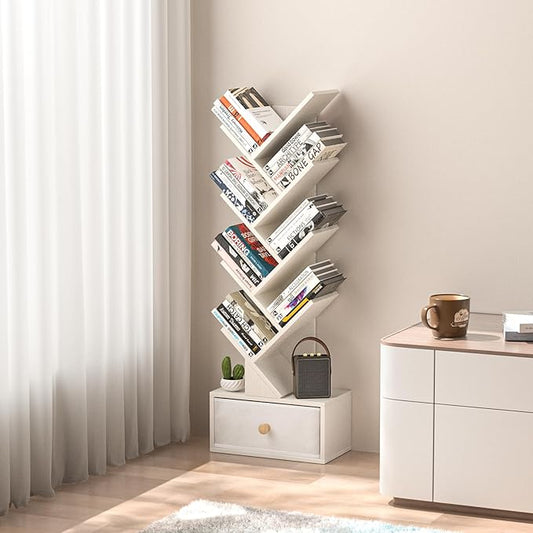8 Tier Tree Bookshelf with Drawer, Free Standing Wood Bookcase for Narrow Space, Storage Organizer Bookshelves for Books, Book Case for Home Office, Living Room, Bedroom - Sweet White