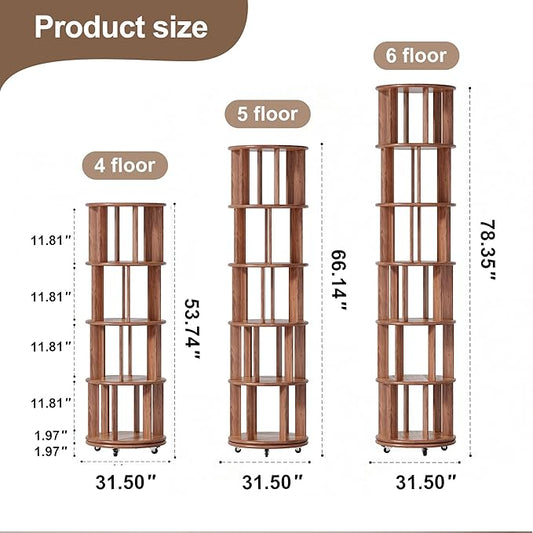 KEIKI 360° Spinning Revolving Bookcase, Solid Wood 6 Tier Rotating Bookshelf with Storage, Narrow Tall Book Rack & Art Deco Bookshelf Organizer, Walnut