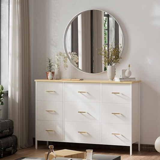 Wide TV Stand Modern TV Console, 9 Drawers Dresser for Bedroom, Fabric Storage Cabinet, Chest of Drawers for Closet, Nursery, Living Room(White)