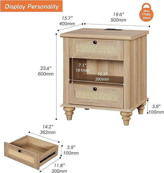 WAMPAT Rattan Nightstand Side Table with Charging Station, Light Wood End Table with 2 Drawers for Living Room, Rustic Farmhouse Night Stand Bedside Table for Bedroom, Oak