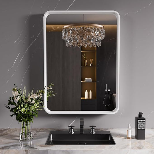 White Bathroom Mirror 22x30 Inch, White Metal Framed Bathroom Mirror for Wall, Rounded Rectangle Matte Bathroom Vanity Mirror, Tempered Glass, Anti-Rust, Horizontal/Vertical