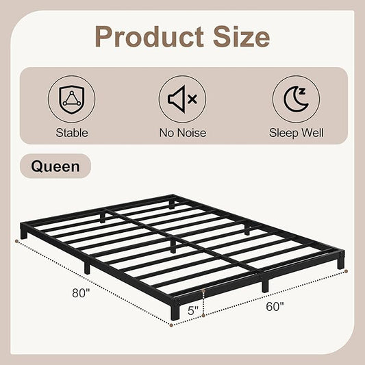 5 Inch Low Queen Bed Frame, Heavy Duty Bed Frame Queen Size Low Profile, No Box Spring Needed, Easy Assembly, Noise Free, Black