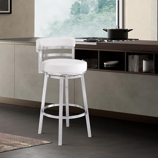 Armen Living Titana 30" Bar Height Swivel White Faux Leather and Brushed Stainless Steel Bar Stool