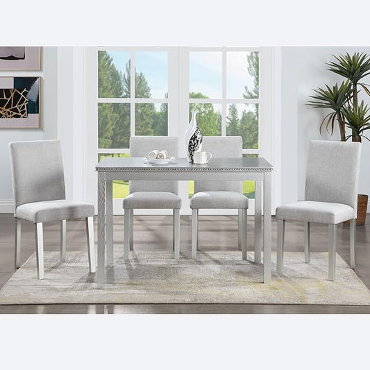 Ball & Cast 5 Piece Dining Table Set,Kitchen Table Set for 4 W/ 45.5" Rectangular Wooden Dining Table,Living Room Furniture W/ 4 Upholstered Chairs,for Dining Room,Kitchen,Silver Grey