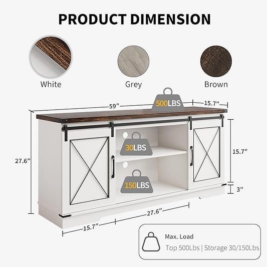CABIHOME Farmhouse TV Stand and Entertainment Center for TV Up to 65 Inches with Sliding Barn Doors, TV Media Storage Console Table and Furniture for Living Room, Bedroom, White & Brown