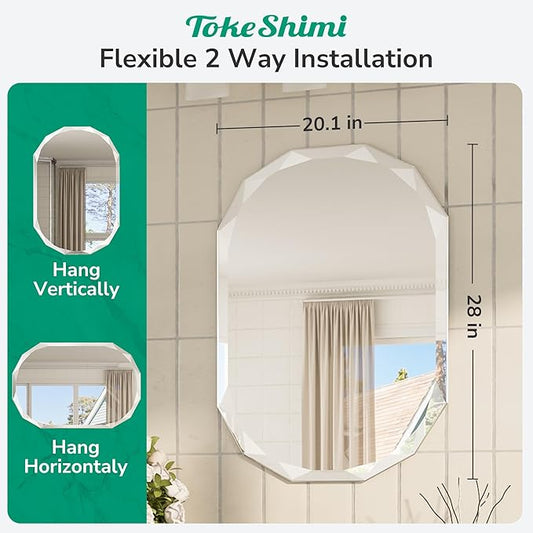 TokeShimi 20x28 Irregular Wall Mirror Beveled, Frameless Mirror Bathroom Stylish, Shatterproof Decorative Oval Bathroom Vanity Mirrored Round Modern for Living Room, Entryway, Restroom