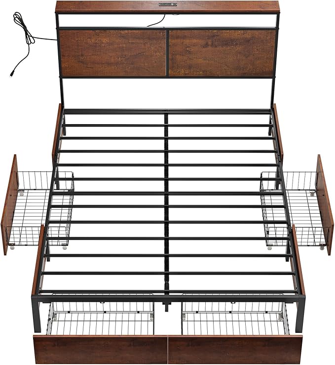 Full Bed Frame with Storage Headboard and 4 Drawers Bed Frame Full Size with Charging Station LED Lights Metal Platform Non-Slip Without Noise No Box Spring Needed