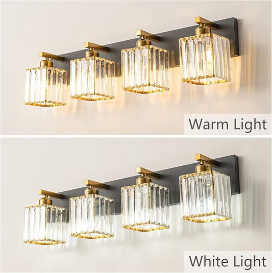 Modern Bathroom Vanity Light 4-Lights Black Gold Crystal Bathroom Wall Light Vanity Light Fixtures,28.34-inch Modern Minimalist Design