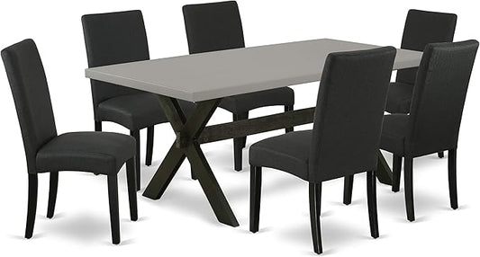 East West Furniture X697DR124-7 7 Piece Dinette Set Consist of a Rectangle Dining Room Table with X-Legs and 6 Black Color Linen Fabric Upholstered Parson Chairs, 40x72 Inch, Multi-Color