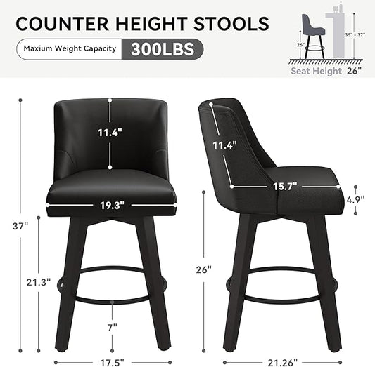 Counter Height Swivel Bar Stools Set of 3, 26 Inch Bar Stools with Footrest, Faux Leather Upholstered Barstools with Back and Solid Wood Legs for Kitchen Island, Dining Room,Pub,Black