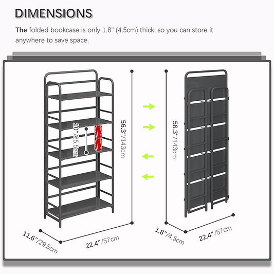4NM No Assembly Folding Bookshelf 5 Tiers Vintage Industrial Black Book Shelf Metal Foldable Storage Bookcase and Bookshelves for Living Room,Bedroom and Kitchen - Black