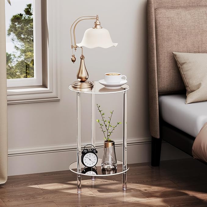Clear Round Acrylic Side Table Set of 2 for Small Spaces, 11.81" L x 11.81" W x 19.82" H, 2 Tier Small Modern Drink End Table Nightstand, Mini Bedside Table for Living Room, Bedroom, Bathroom