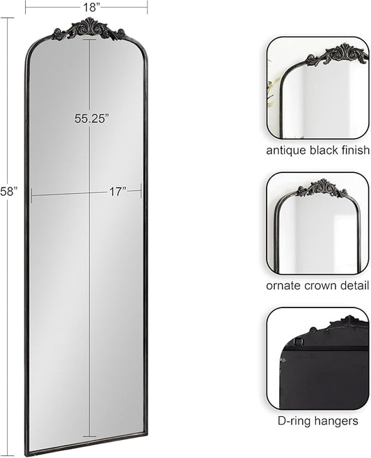 Kate and Laurel Arendahl Vintage Arched Tall Panel Mirror, 18 x 58, Antique Black, Traditional Baroque Full Length Mirror with Ornate Garland Inspired Crown for Bedroom Body Mirror Decor
