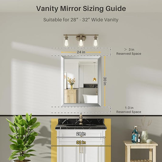 24x30 Inch Silver Bathroom Mirror for Wall, Thick Metal Framed Rectangle Mirrors for Over Sink, Bedroom, Living Room, Entryway, Anti-Rust, HD Tempered Glass