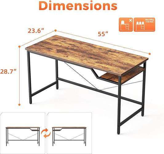 Computer Desk 55 X 24 inch, Gaming Desk for Small Spaces, Modern Simple Style Table for Home Office, Study Student Writing Table (Shelf, Rustic Brown, 55 inch)