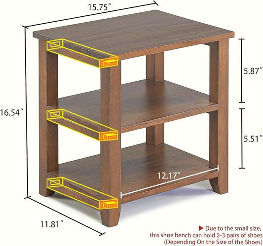 Small Shoe Rack Bench, 2-Tier Solid Wood Heavy Duty Shoe Organizer Shelf for Entryway, Living Room,Bedroom (Brown, 11.81"x15.75"x16.54")