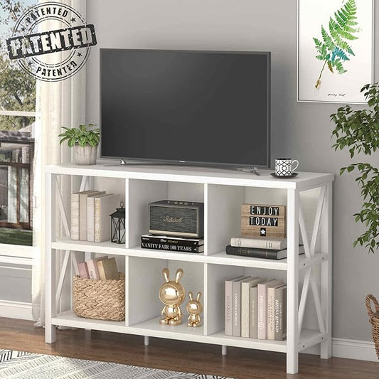 FATORRI 6 Cube Storage Organizer with Shelf, Long Wood and Metal Cubby Bookcase, Industrial Horizontal Bookshelf (White Oak, 47 Inch)