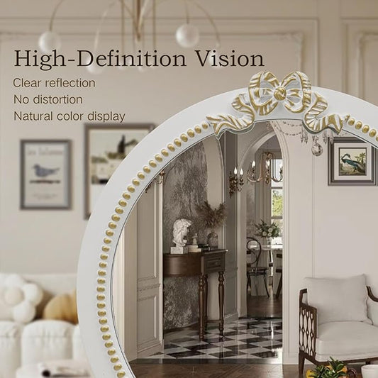 Vintage Round Wall Mirror 28inch Farmhouse Wooden Vanity Mirror for Wall Decor, Decorative Antique White Bathroom Mirrors, Traditional Art Home Decor for Dressing Table, Living Room or Bedroom