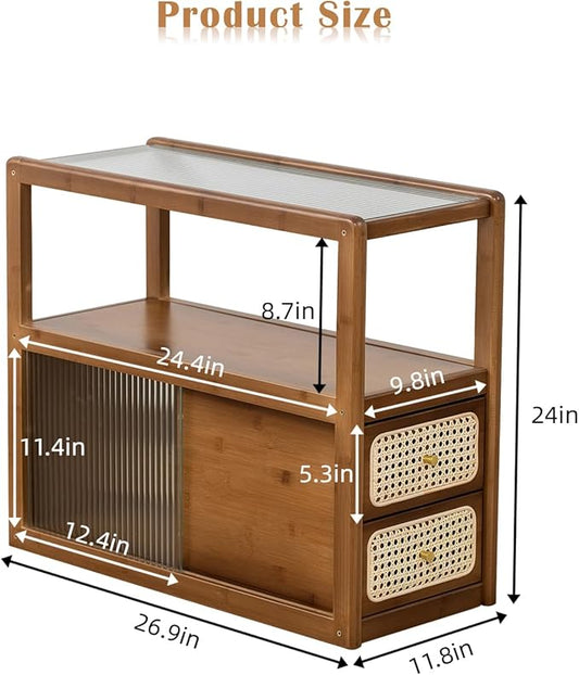 Bamboo Side Table Nightstand with Rattan Drawer & Glass Top – Multi-Function End Table, Nightstands with Storage for Bedroom, Living Room, and Small Spaces, Walnut