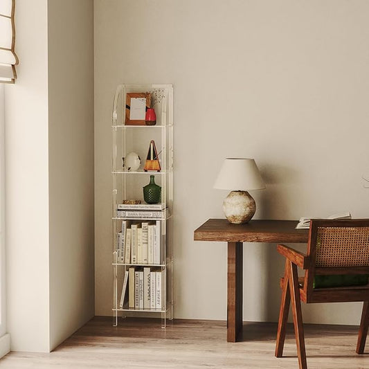 5-Tier Acrylic Arched Bookcase, Square Legs, 13.8''W x 11.8''D x 59.6''H, Clear Narrow Bookshelf for Small Space, Unique Book Shelves for Home Office, Living Room, Bedroom, Modern