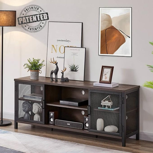 FATORRI Industrial Entertainment Center for TVs up to 55 60 65 Inch, Rustic Wood TV Stand, Large TV Console Cabinet with Doors for Living Room (60 Inch Wide, Walnut Brown)