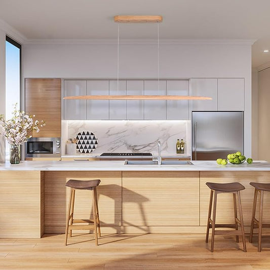 59" 40W Wood LED Linear Pendant Light Fixture Led Dining Room Light Dimmable Hanging Light Fixture for Dining Room Kitchen Island Pool Table Lights Natural Ash