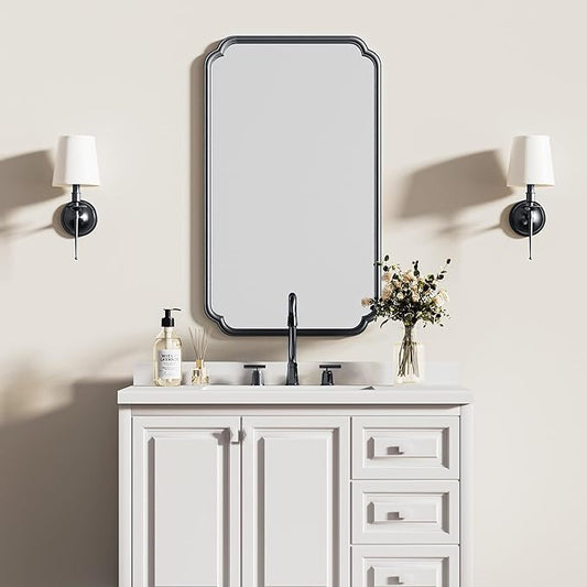 26"x40" Rustproof Bathroom Mirror Black, Round Corner Metal Frame Wall Mirror, Horizontal/Vertical Hanging Over Sink, Bedroom Bathroom Decor