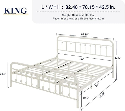Allewie 14 Inches King Size Metal Platform Bed Frame with Victorian Style Iron-Art Headboard/Footboard, Mattress Foundation, Easy Assembly, Under Bed Storage, No Box Spring Required, White