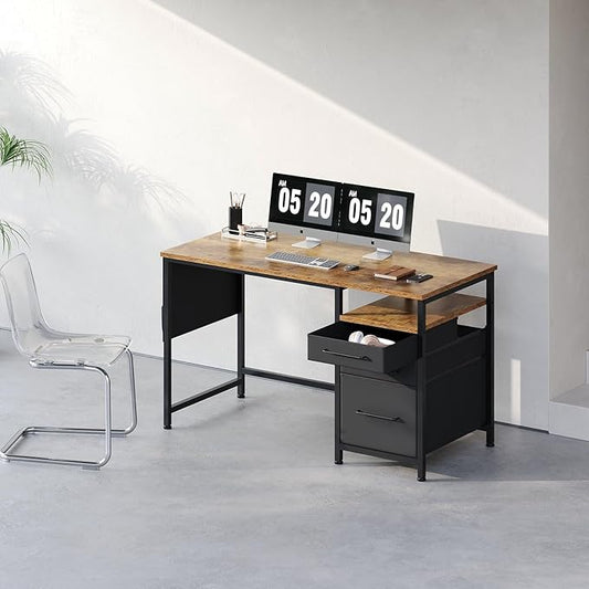 Maihail Maihail Computer Desk with Drawers, 47 Inch Desk with 2 Drawers and Shelves, Office Table with Storage, Home Office desks, Metal Frame for PC Laptop, Rustic Brown
