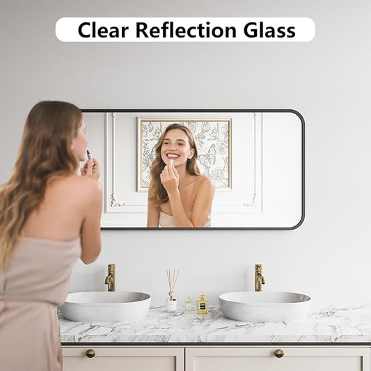 Koonmi Bathroom Mirror, 24X48 Inch Black Metal Framed Mirror for Bathroom, Tempered Glass, Anti-Rust, Rounded Rectangle Mirror for Restroom, Bedroom, Black