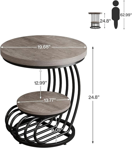 Tribesigns Round End Table: 2 Tiers Wood Side Table with Storage Shelf, Rustic Gray Bedside Nightstand, Metal Arc-Shaped Frame Accent Table for Living Room, Bedroom