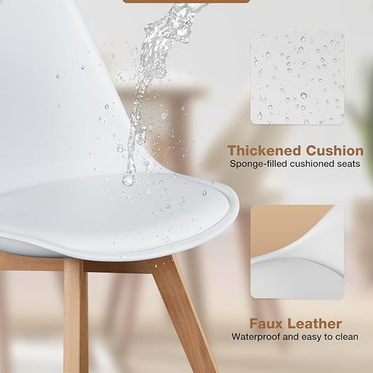 OLIXIS Set of 4 Dining Kitchen Mid-Century Modern Chairs with Wood Legs and PU Leather Cushion for Living Room Bedroom Outdoor Lounge, White