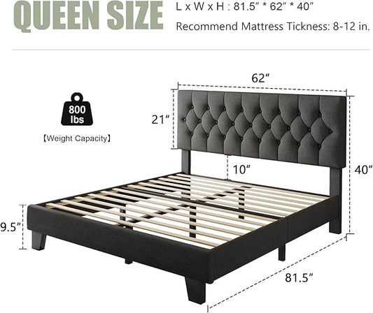 Feonase Queen Platform Bed Frame with Button Tufted Headboard, Upholstered Linen Bed with Wooden Slats Support, No Box Spring Needed, Easy Assembly, Noise-Free, Dark Grey