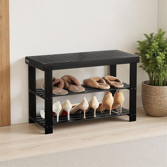 VEVOR Shoe Rack Bench, 3-Tier Bamboo Entryway Bench, Shoe Storage Organizer Holds Up to 286 lbs, 27.6 x 11.3 x 17.8 Inches, for Front Door, Hallway, Living Room, Bedroom, Black