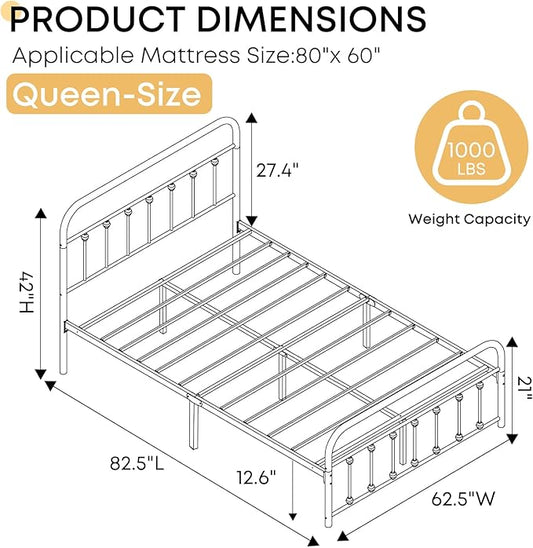 Queen Bed Frame-Classic Metal Platform Bed Frame Mattress Foundation with Victorian Style Iron-Art Headboard/Footboard/Storage Space/No Box Spring Needed/Black