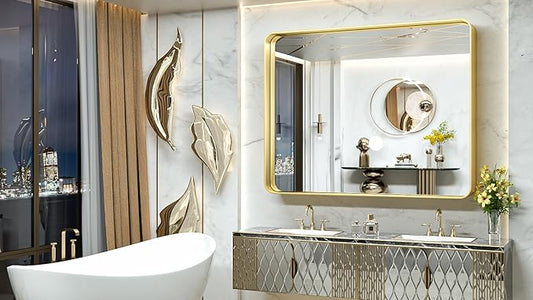 TokeShimi 48x40 Inch Brushed Gold Bathroom Vanity Mirror for Wall with Non-Rusting Aluminum Alloy Metal Frame Rounded Corner for Farmhouse Modern Home Decor (Horizontal/Vertical)