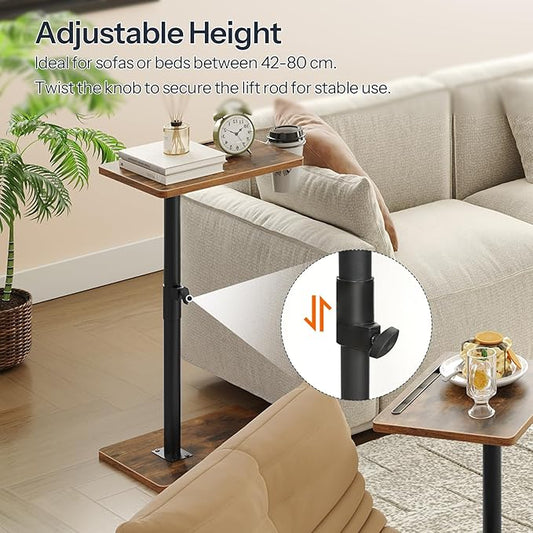 HOOBRO TV Tray Table, 360° Swivel Side Table Sofa Armrest Tray for Couch, Height Adjustable C Shaped End Table, Snack Desk with Cup Holder, for Small Spaces, Rustic Brown and Black BF234BZ01