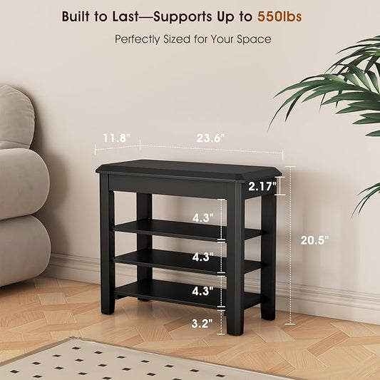 Shoe Rack Bench Seat Rubberwood 3-Tier Wooden Storage Bench 550lbs Compact Mid-Century Modern Design for Entryway, Hallway, Closet, Front Door Entrance, Foyer
