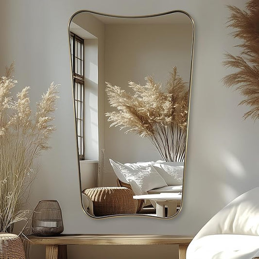 Brushed Gold Bathroom Mirror, 24x40 Inch Gold Irregular Bathroom Vanity Mirror, Gold Asymmetric Mirror with Stainless Steel Frame, Metal Framed Wall Mounted Accent Mirror Vertical Only