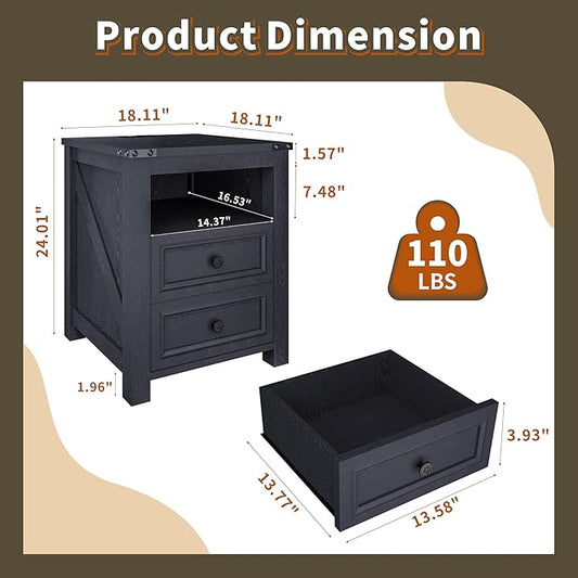 Farmhouse Nightstand with Charging Station, 18” Wide End Table with 2 Drawers Living Room Wood Sofa Side Table with Storage, Small Night Stand for Bedroom, Black