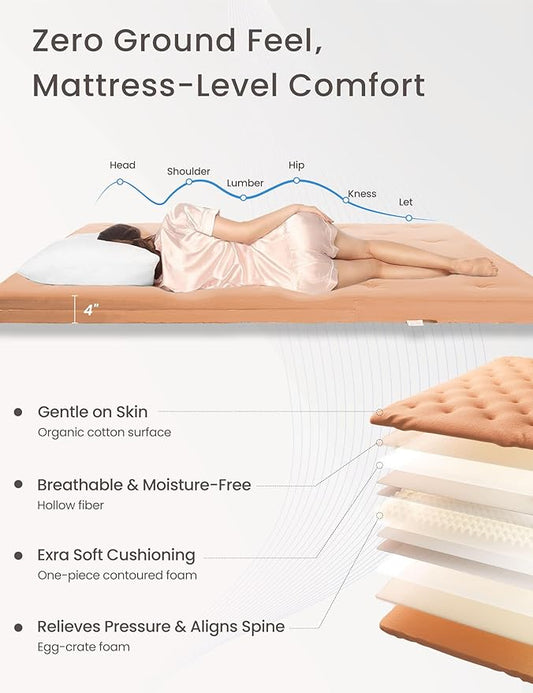ZonLi Japanese Floor Futon Mattress Twin Size 39"x 80",100% Cotton Cover 4'' Thicken Tatami Mattress,Foldable Sleeping Pad,Portable Dormitory Tatami Mat,Roll Up Floor Lounger Bed for Adult (Burro)