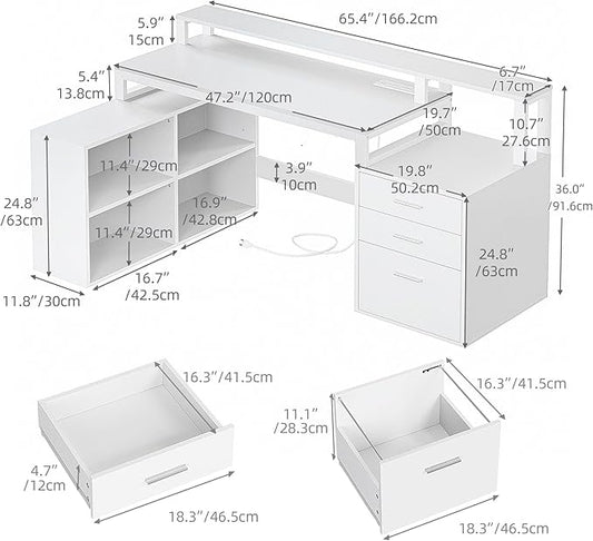 DWVO L Shaped Desk with Drawers, 65" Computer Desk with Power Outlets & LED Lights, Corner Home Office Desk with Storage Shelves & Printer Stand, White