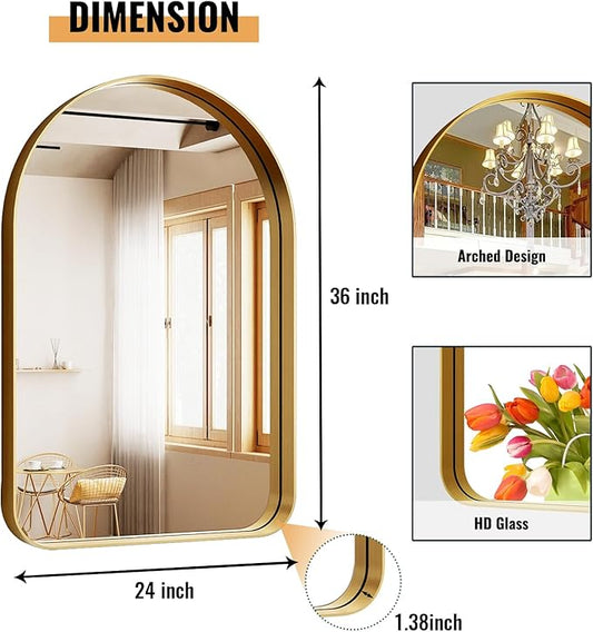 Arched Bathroom Mirror - 36x24 Inch Gold Bathroom Mirror for Wall - Aluminum Alloy Framed Mirror - Arched Top Bathroom Vanity Mirror for Living Room, Bedroom, Mantel, Entryway, and Hallways