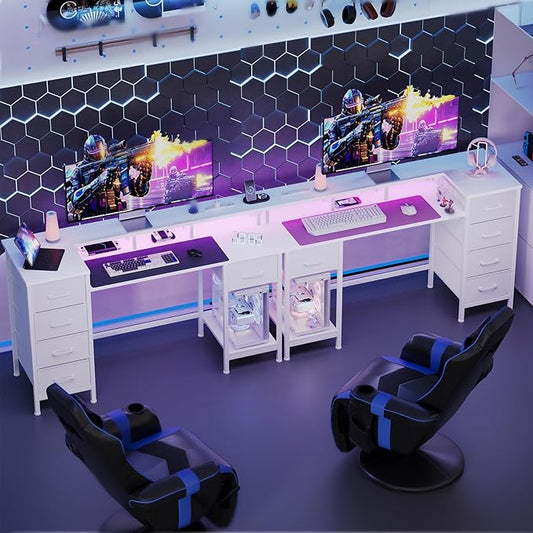 55 Inch Computer Gaming Desk with Power Outlets LED Lights, Reversible Home Office with Adjustable Fabric Storage Drawers for Working Writing Study, White