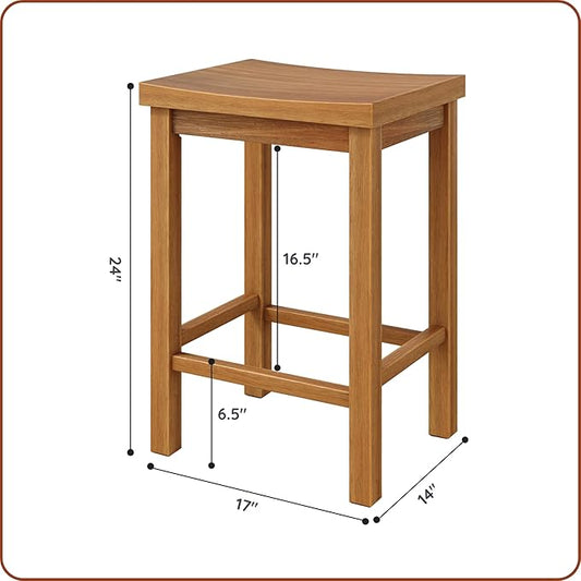 Grain & Grove Smith Collection Set of 2 Solid Wood Counter Height Bar Stools, 24-Inch Saddle Seat Backless Stools, Ideal for Kitchen Island, Dining, or Home Bar Seating, Pecan